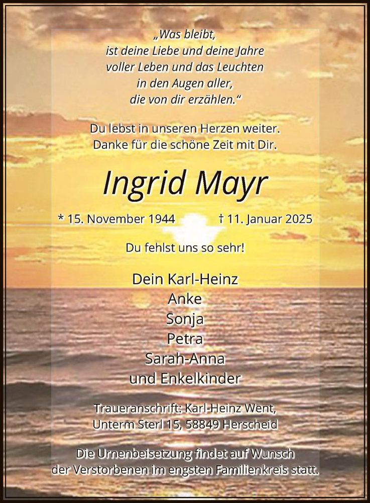 Traueranzeige für Ingrid Mayr vom 01.02.2025 aus WA
