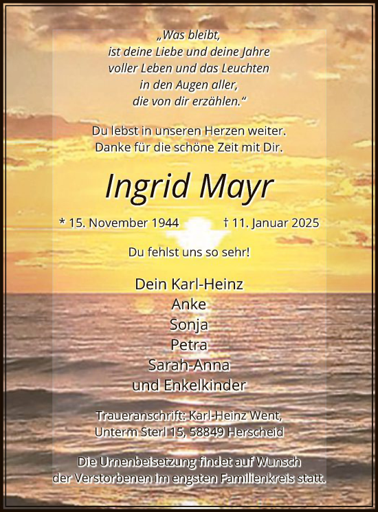 Traueranzeige von Ingrid Mayr von WA