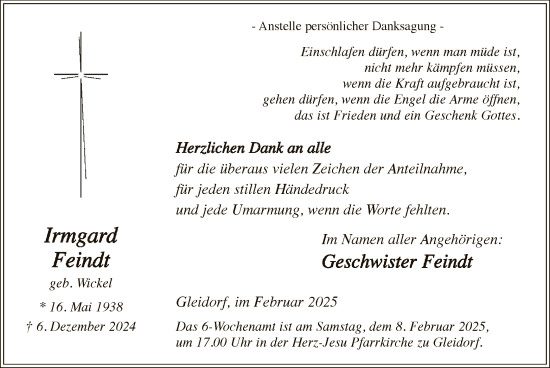 Traueranzeige von Irmgard Feindt von WA