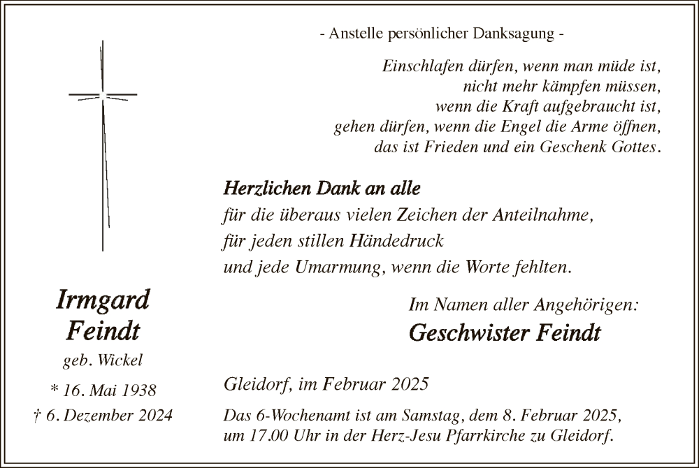  Traueranzeige für Irmgard Feindt vom 01.02.2025 aus WA