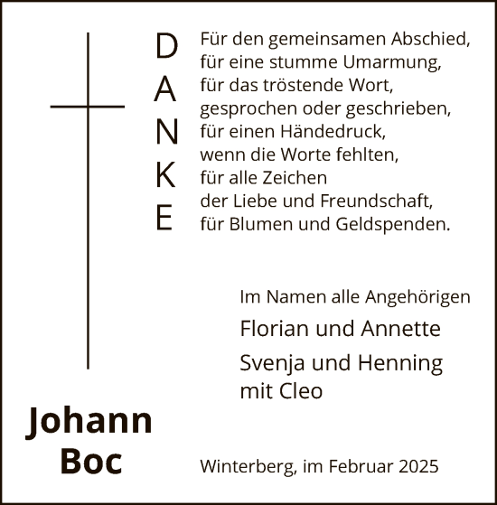 Traueranzeige von Johann Boc von WA