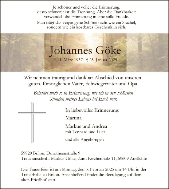 Traueranzeige von Johannes Göke von WA