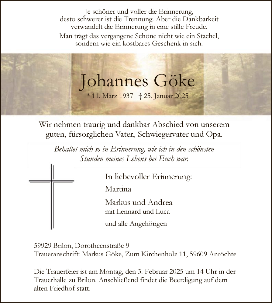  Traueranzeige für Johannes Göke vom 01.02.2025 aus WA