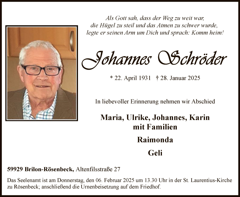  Traueranzeige für Johannes Schröder vom 01.02.2025 aus WA
