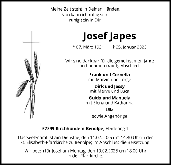 Traueranzeige von Josef Japes von WA