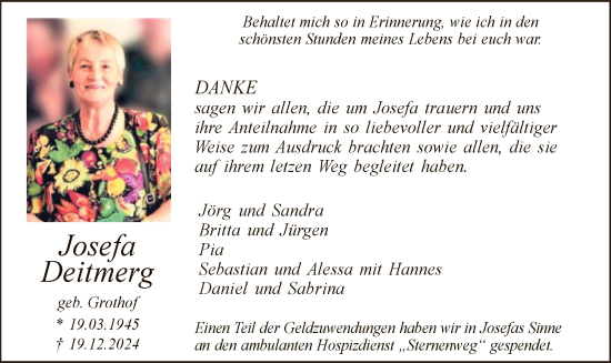 Traueranzeige von Josefa Deitmerg von WA