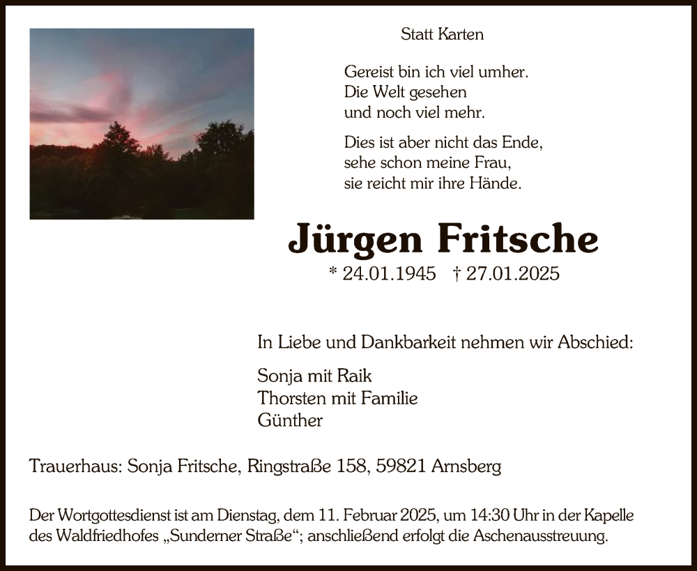  Traueranzeige für Jürgen Fritsche vom 01.02.2025 aus WA