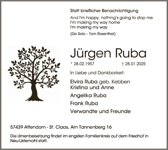 Traueranzeige von Jürgen Ruba von WA