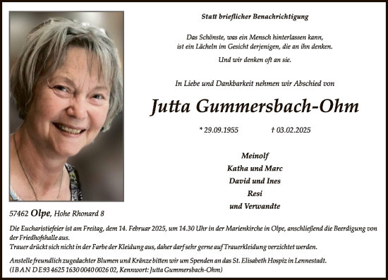 Traueranzeige von Jutta Gummersbach-Ohm von WA