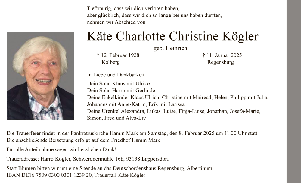  Traueranzeige für Käte Charlotte Christine Kögler vom 01.02.2025 aus WA