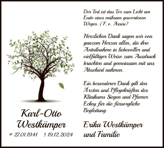 Traueranzeige von Karl-Otto Westkämper von WA