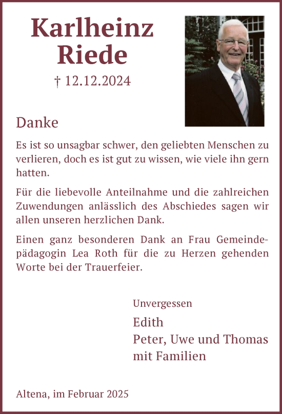 Traueranzeige von Karlheinz Riede von WA