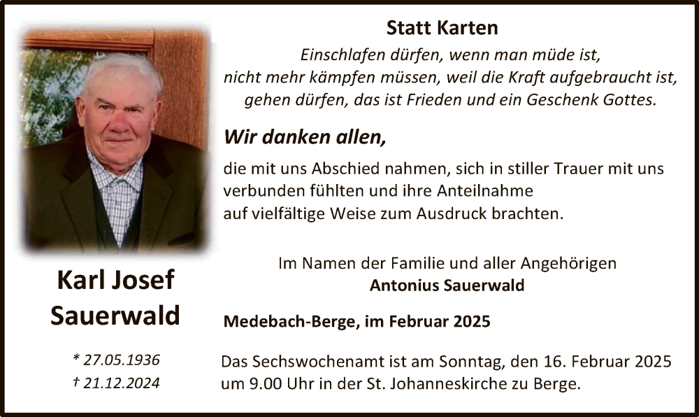  Traueranzeige für Karl Josef Sauerwald vom 01.02.2025 aus WA