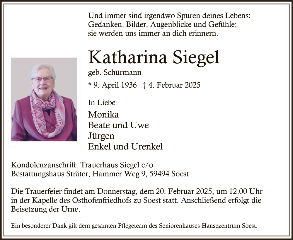  Traueranzeige für Katharina Siegel vom 15.02.2025 aus WA