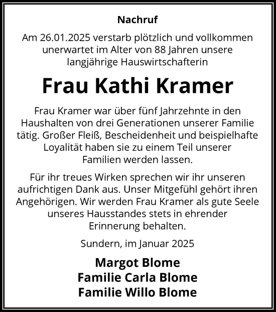 Traueranzeige von Kathi Kramer von WA