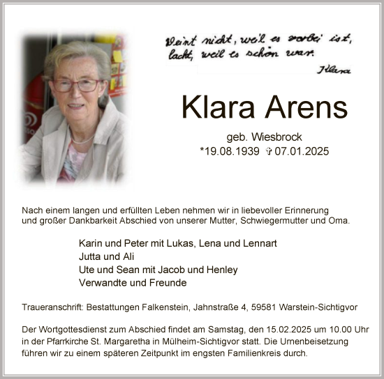 Traueranzeige von Klara Arens von WA
