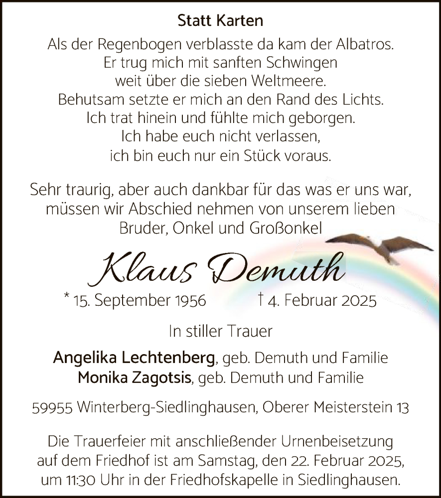  Traueranzeige für Klaus Demuth vom 15.02.2025 aus WA