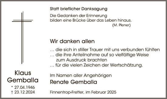 Traueranzeige von Klaus Gemballa von WA