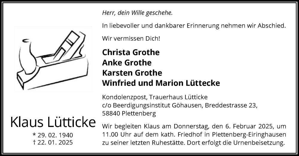  Traueranzeige für Klaus Lütticke vom 01.02.2025 aus WA