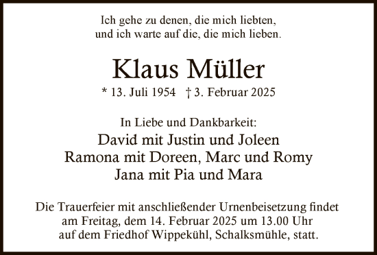Traueranzeige von Klaus Müller von WA