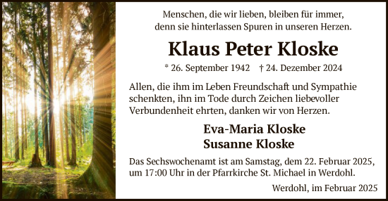 Traueranzeige von Klaus Peter Kloske von WA