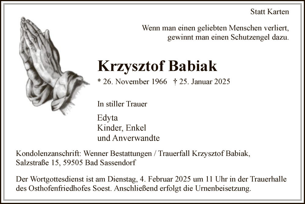  Traueranzeige für Krzysztof Babiak vom 01.02.2025 aus WA