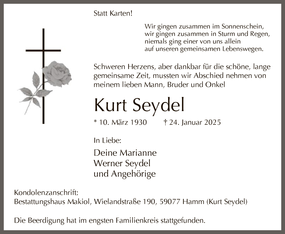  Traueranzeige für Kurt Seydel vom 01.02.2025 aus WA