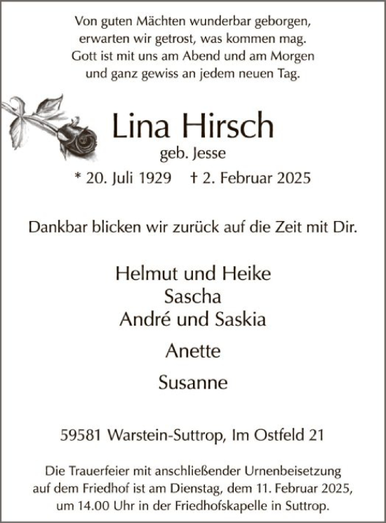 Traueranzeige von Lina Hirsch von WA