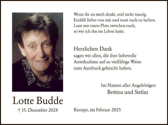 Traueranzeige von Lotte Budde von WA