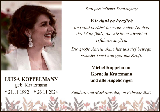 Traueranzeige von Luisa Koppelmann von WA