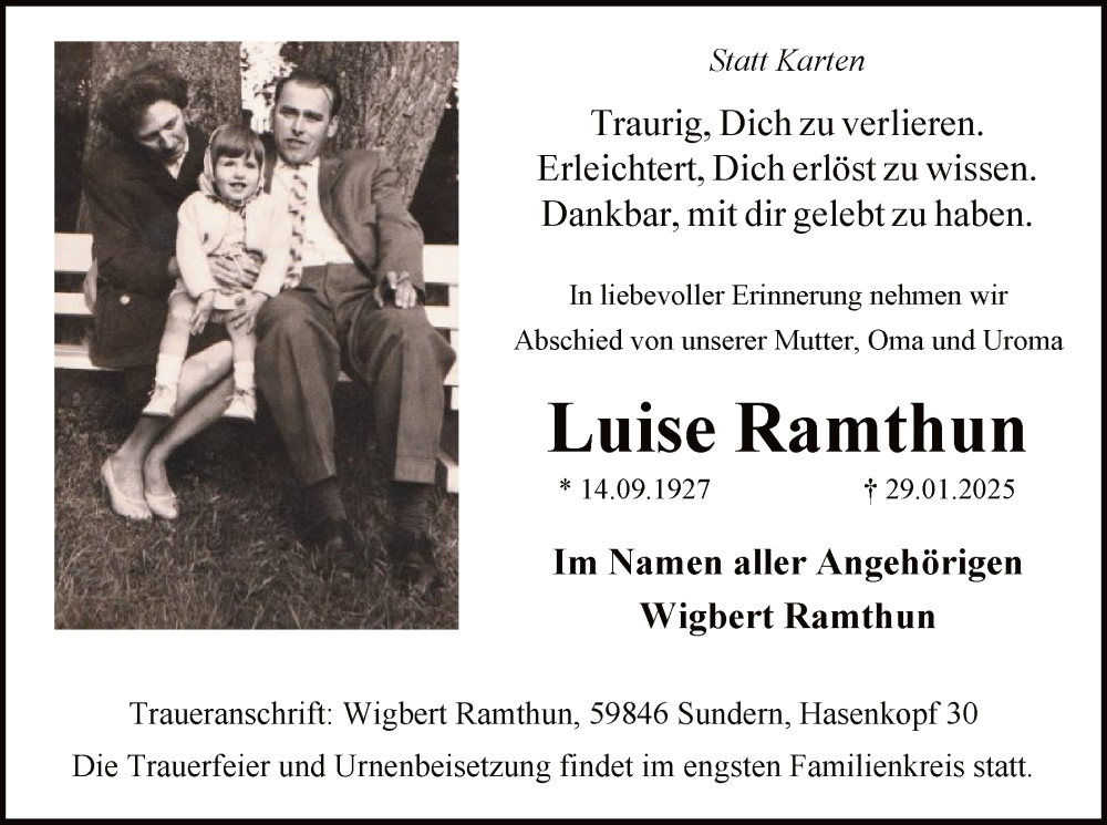  Traueranzeige für Luise Ramthun vom 01.02.2025 aus WA