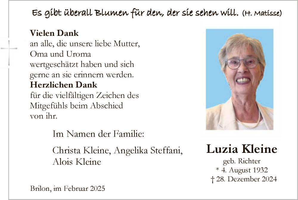  Traueranzeige für Luzia Kleine vom 01.02.2025 aus WA