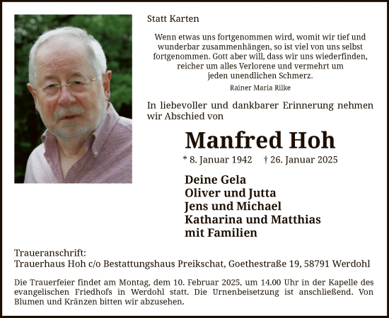 Traueranzeige von Manfred Hoh von WA
