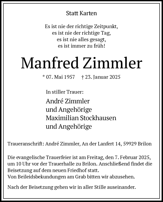 Traueranzeige von Manfred Zimmler von WA
