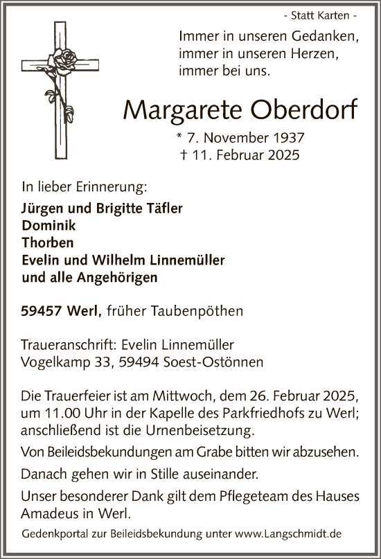 Traueranzeige von Margarete Oberdorf von WA