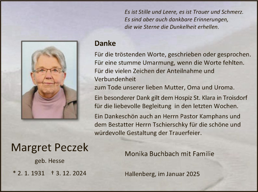  Traueranzeige für Margret Peczek vom 01.02.2025 aus WA