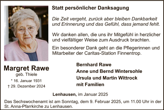 Traueranzeige von Margret Rawe von WA