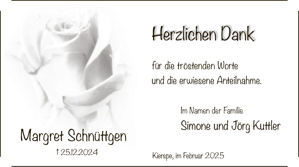  Traueranzeige für Margret Schnüttgen vom 01.02.2025 aus WA