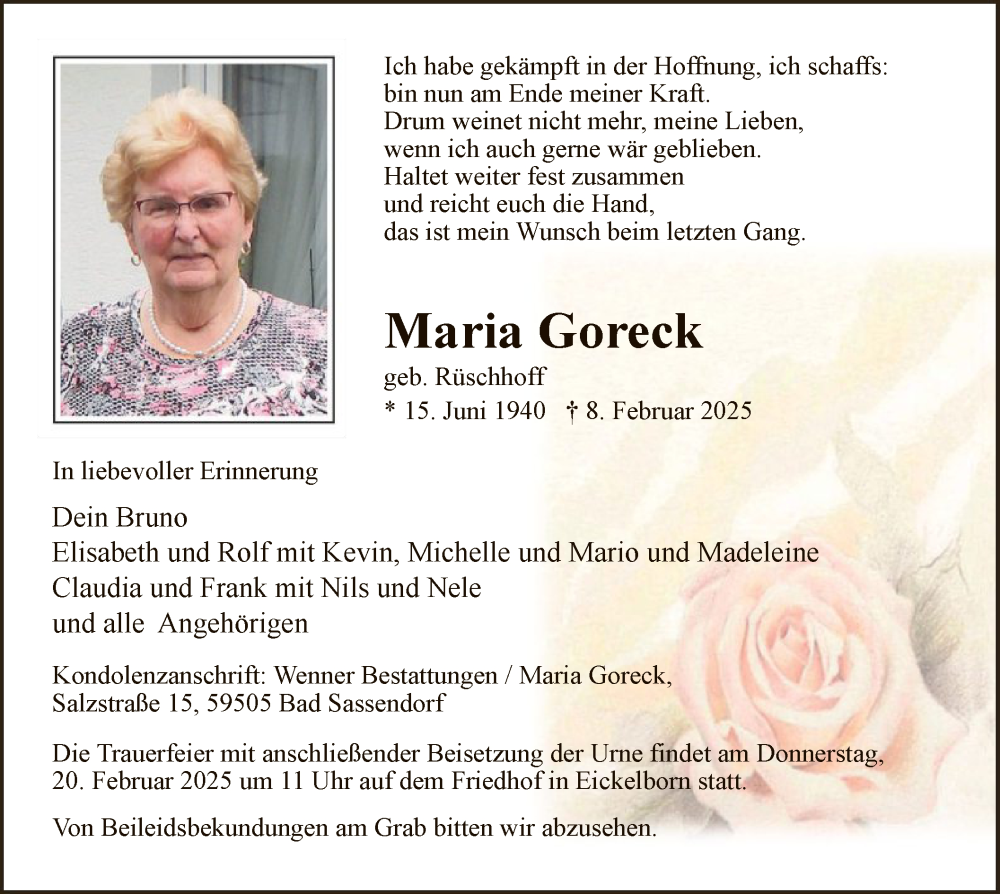  Traueranzeige für Maria Goreck vom 15.02.2025 aus WA