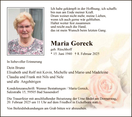 Traueranzeige von Maria Goreck von WA