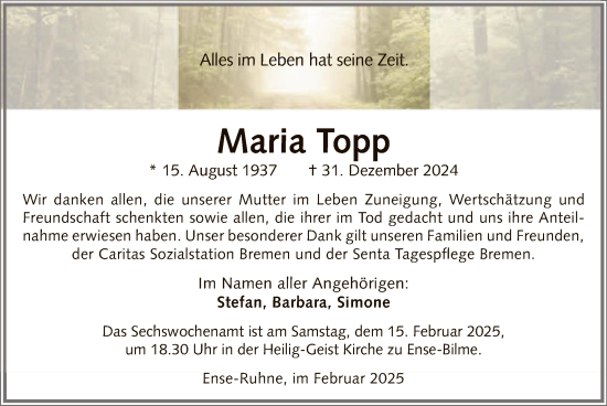 Traueranzeige von Maria Topp von WA