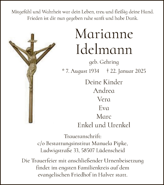 Traueranzeige von Marianne Idelmann von WA