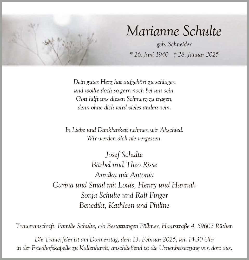  Traueranzeige für Marianne Schulte vom 07.02.2025 aus WA