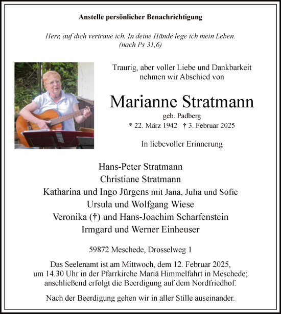 Traueranzeige von Marianne Stratmann von WA