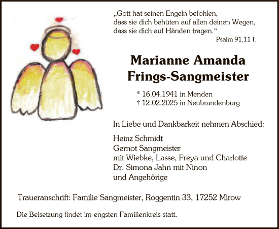 Traueranzeige von Marianne Amanda Frings-Sangmeister von WA