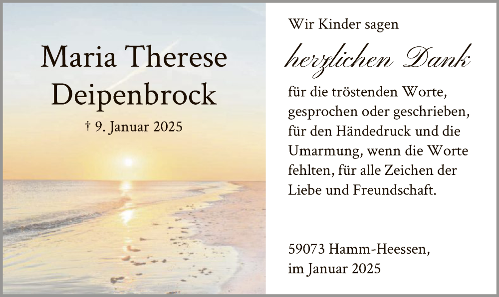  Traueranzeige für Maria Therese Deipenbrock vom 01.02.2025 aus WA