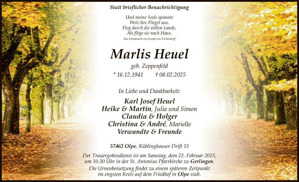  Traueranzeige für Marlis Heuel vom 15.02.2025 aus WA