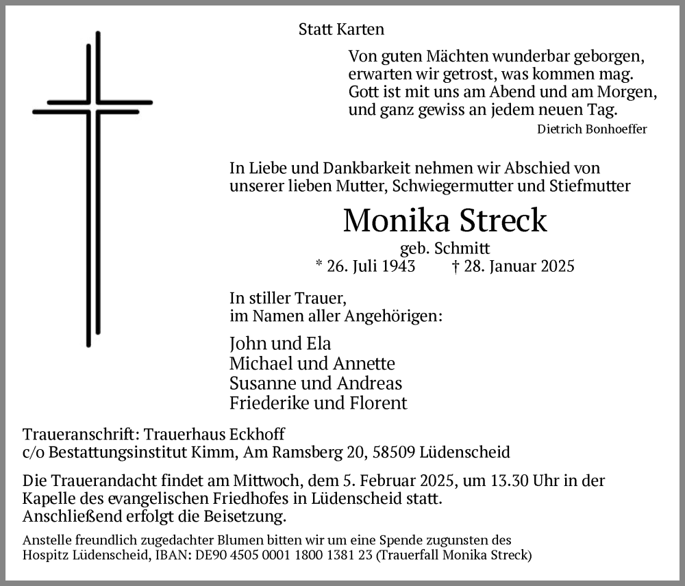  Traueranzeige für Monika Streck vom 01.02.2025 aus WA