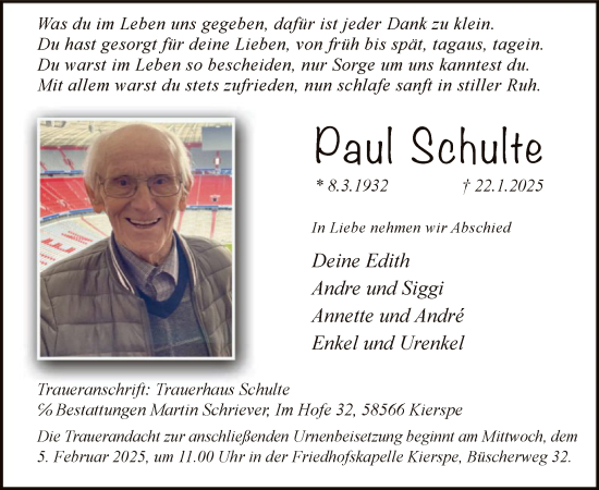 Traueranzeige von Paul Schulte von WA