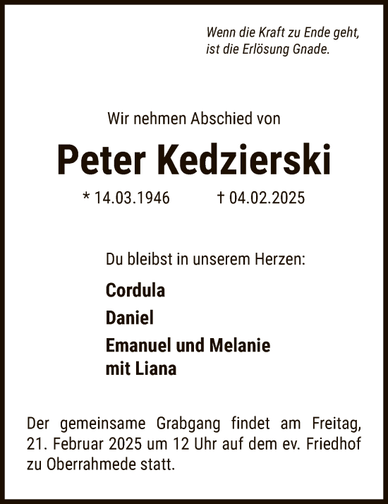 Traueranzeige von Peter Kedzierski von WA